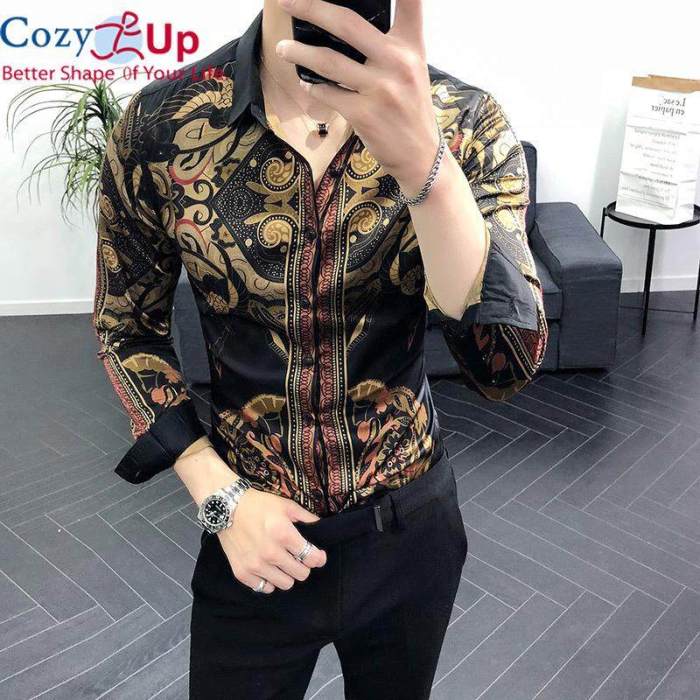 Mens black dress shirt with gold